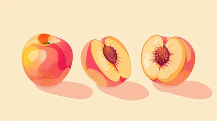 Peach, sliced and whole, flat design illustration