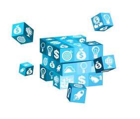 Poster - Blue cubes with various business icons like dollar signs and light bulbs. Isolated on white background. symbolizing business concepts