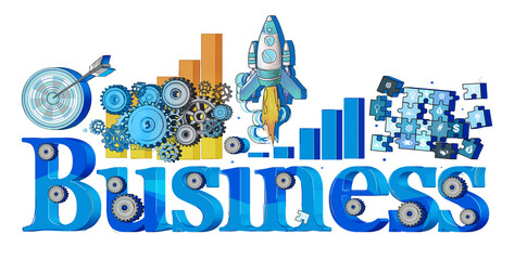 Poster - Business collage with gears, rocket, and graph elements. Isolated on white background. Concept of startup and progress
