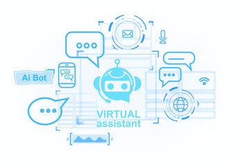 Poster - Virtual assistant chatbot icon with various tech and speech bubble icons. Isolated on white background. Concept of AI communication