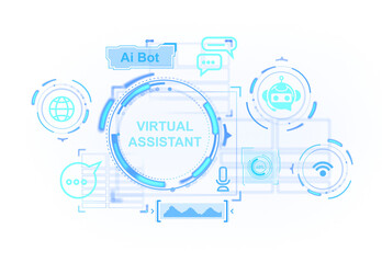 Fototapete - Virtual assistant interface with AI bot, chat icons, and digital elements. Modern holographic style. Isolated on white background. Concept of technology