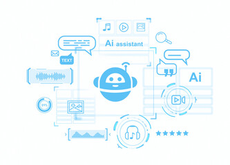 Fototapete - Various digital icons and symbols surround a central AI assistant icon. Isolated on white background. concept of technology and communication