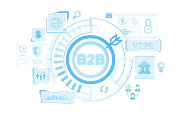 Poster - Digital B2B interface with various business icons in blue. Isolated on white background. Concept of digital business networking