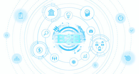 Poster - B2B concept with icons and digital elements. Isolated on white background. Business-to-business technology and network illustration