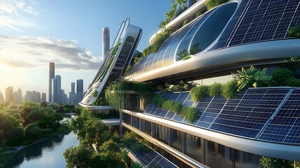 7. A futuristic building designed with solar panel architecture, seamlessly integrating green technology into its structure