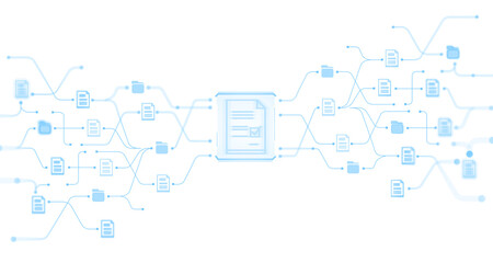 Poster - Digital document and folder icons interconnected. Isolated on white background. Concept of file organization and data management