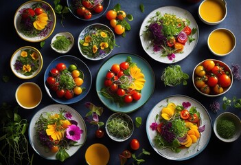 vibrant plant based dishes showcased colorful plates featuring fresh ingredients artistic presentation, arrangement, artistry, appeal, bowl, bright, buffet