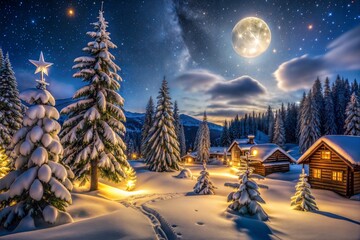 winter village nestled among snowy trees and moonlit stars