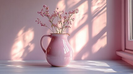 Pink flowers in a pink pitcher on a white windowsill with pink wall and sunlight shadows.