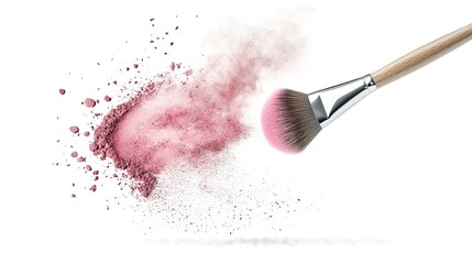 Wall Mural - A makeup brush with pink powder on it, flying in the air, with a white background and wood handle.  