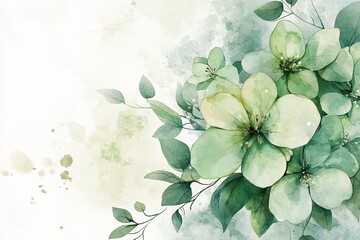 Canvas Print - A whimsical watercolor illustration of a flower cluster, featuring soft green blossoms and fresh green leaves