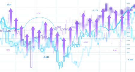 Poster - Financial chart with upward arrows, glowing blue and purple lines. Isolated on white background. Concept of data analysis and growth