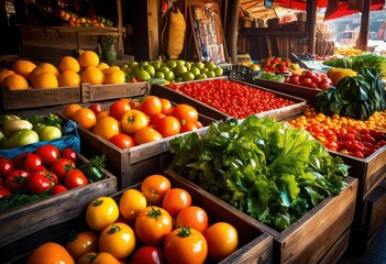 colorful display fresh fruits vegetables illuminated bright sunlight vibrant market setting, abundance, aesthetic, agriculture, appetizing, berries