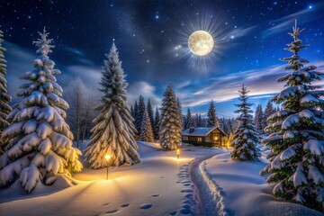 Poster - Cozy cabin in snowy forest bathed in moonlight