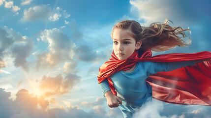 Superhero little girl with red cape and flying har ai generative