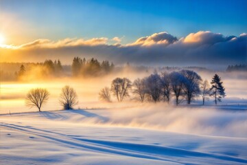 Poster - Sunrise over winter landscape with fog and snow-covered trees