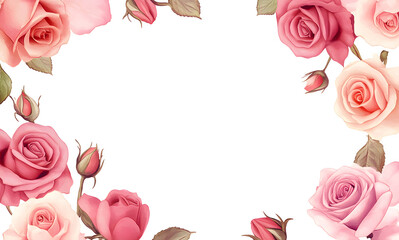 Wall Mural - Elegant Pink and White Roses Frame on a White Background