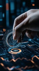 Poster - Close-up of a policymakerâ€™s hand adjusting a virtual economy dial, influencing key indicators, concept of economic control