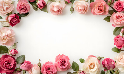 Wall Mural - Elegant Pink and White Roses Frame on a White Background