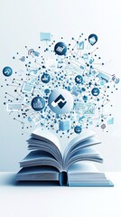 Poster - Abstract depiction of economic policy impacting education, illustrated through digital books and learning symbols