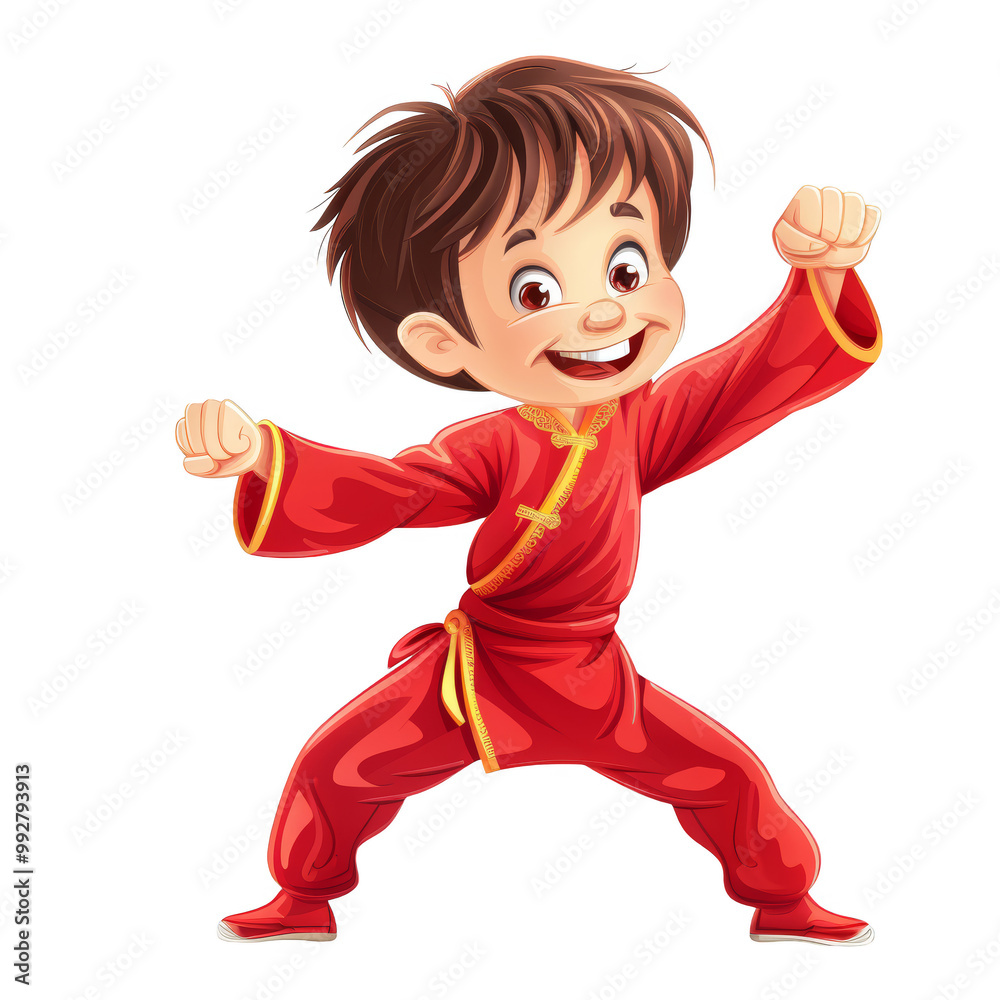 A cartoon illustration of a smiling young boy in a red martial arts ...