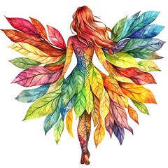 Sticker - Watercolor Illustration of a Woman with Leaves for Wings.