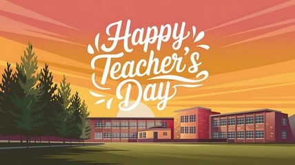 Happy Teacher's Day greeting card with school building and sunset background.