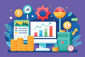 Poster - Illustration displays customizable investment data with graphs, coins, and tools for managing finances efficiently, Customizable investment data illustration