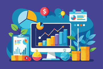 Poster - a colorful workspace featuring customizable investment data on a computer alongside various charts a