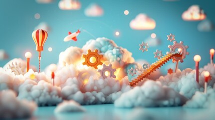 Poster - Capture the essence of cloud computing in a surreal landscape where business solutions are visualized as luminous, floating gears.