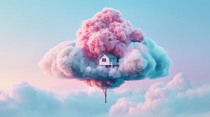 Poster - Create captivating images of remote work with surreal home offices suspended amidst ethereal cloud formations.