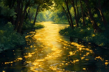 Sticker - Whimsical River Art: Sparkling Reflections & Golden Current