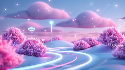 Explore surreal Wi-Fi and wireless networks with glowing signals and floating routers in a dreamlike landscape.