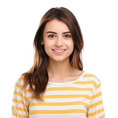 Smiling Young Woman Wearing A Yellow Striped Shirt On A White Background