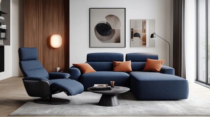 Wall Mural - Dark blue sofa and recliner chair in a Scandinavian apartment