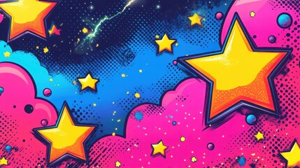 Wall Mural - Vibrant comic book pop art featuring dynamic lightning and explosions in neon colors with a playful starry background