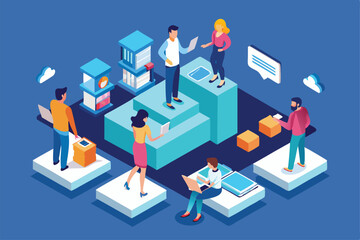 Poster - A diverse group of professionals engages in collaboration, utilizing technology in a creative workspace, Customizable Isometric Illustration for Content Team