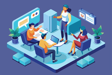 Poster - Team members engage in discussion, sharing ideas around a table in a stylish office environment, Customizable isometric illustration for discussion.