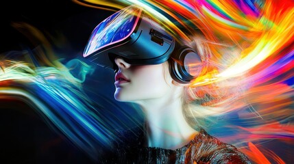 Wall Mural - Woman in VR Headset with Colorful Lights