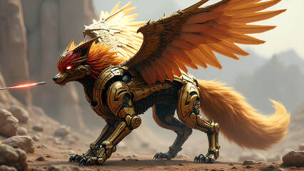 Sci-fi realism Mechanical fox regal look laser claws plasma mane armored warrior retractable wings golden metallic armor sharp edges, detailed mecha design with intricate armor plating