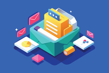 Poster - An isometric illustration depicts a colorful inbox filled with tasks and various mail icons for organization, Customizable Isometric Illustration for Inbox Cleanup