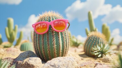 Cactus in Sunglasses, a playful depiction of a vibrant cactus donning stylish shades under the bright desert sun, exuding a lighthearted and whimsical atmosphere.