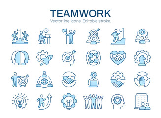 Teamwork icon set, such as cooperation, team target, leadership, collaboration and more. Vector illustration isolated on white. Editable stroke.