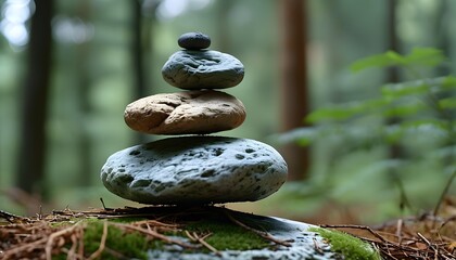 Wall Mural - Serene Stacked Rocks in a Tranquil Forest - A Zen Garden Experience of Mindfulness and Natural Harmony