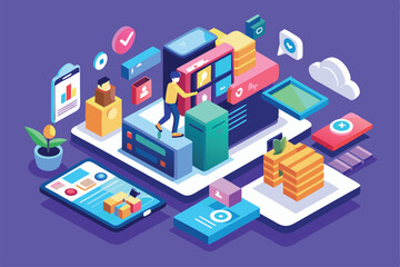 Poster - Explore a colorful isometric design showcasing mobile UI elements and workflow tools in a dynamic setting, Customizable Isometric Illustration for Mobile UI-UX