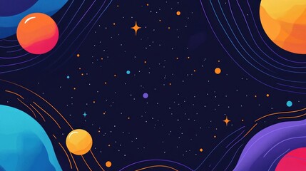 Wall Mural - Abstract background with flat vector shapes and colorful elements for design, space concept background with planets, stars, and line waves in blue, orange, and purple colors. Vector illustration. 