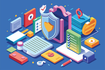 Poster - The illustration features various customizable digital objects representing tools for enhancing online privacy, Customizable Isometric Illustration for Privacy Policy