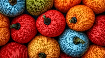 Poster - Bunch of knitted pumpkins in various colors. Some are red, some are yellow, and some are blue. ricolorphoto of bright multi-colored knitted pumpkins in retro style,