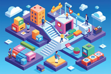 Poster - This illustration features various people engaging in activities across a vibrant, isometric urban landscape, Customizable Isometric Illustration for Project Stages