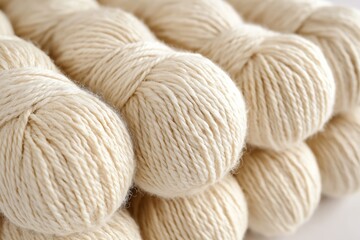Poster - Stack of white yarn balls. The balls are all the same size and color. They are piled on top of each other white straight wool wires